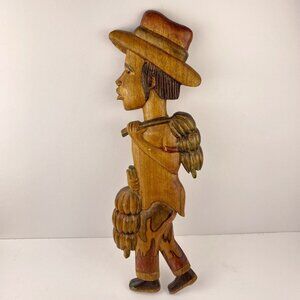 Wood carving wall plaque, farmer, Latin America handmade vintage art, souvenir